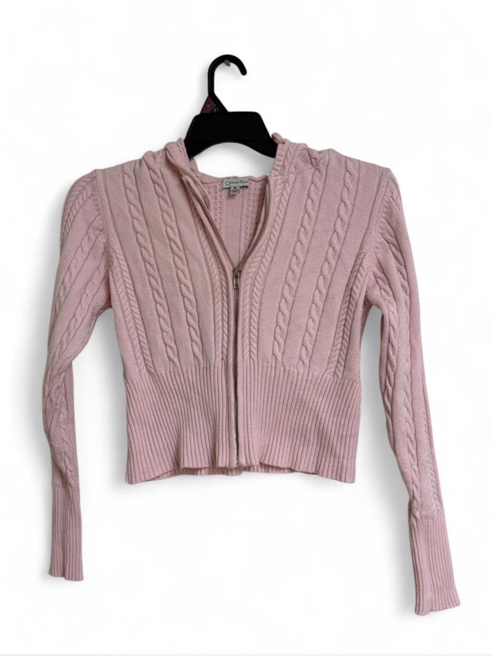 Cable-Knit Zip Front Cardigan in Light Pink